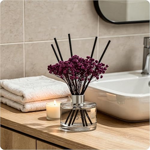 Miniatura 5 de 6.7 fl oz, 200ml Difusor de varillas de lavanda con flores púrpuras en botella de vidrio con varillas de ratán negro