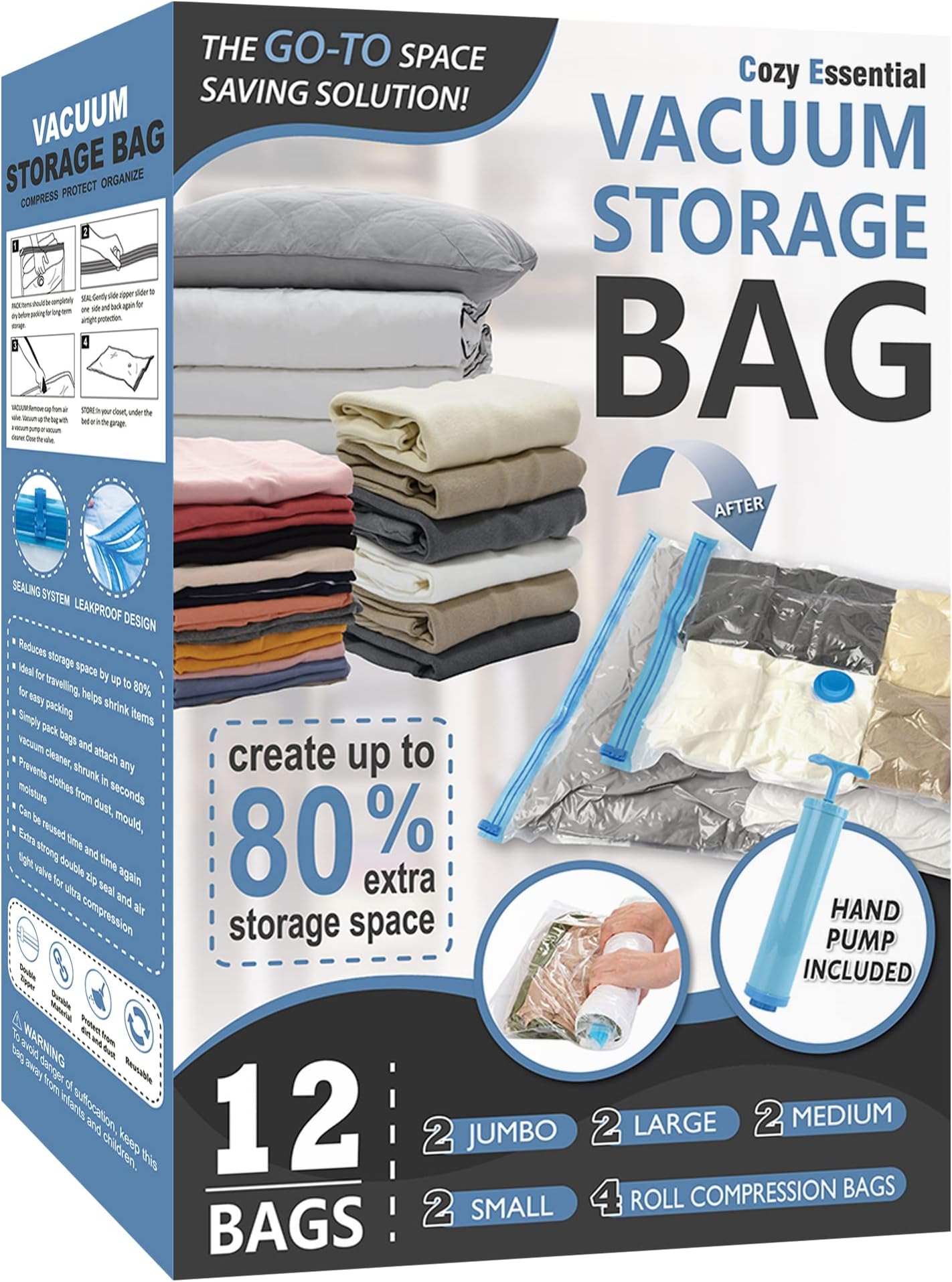 Cozy Essential Vacuum Storage Bags, 80% Compression Vacuum Seal Space Saver Plastic Packaging Bags for Clothes, Blankets, Pillow, Bedding, Comforters, Sealer Clothing Storage,12 Combo