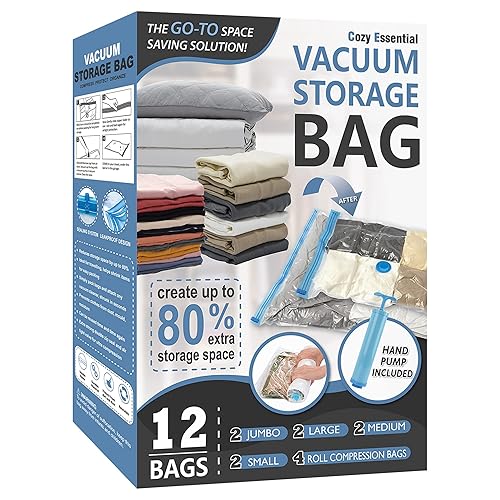 Cozy Essential 12 Pack Vacuum Storage Bags, Space Saver Bags (2 Jumbo/2 Large/2 Medium/2 Small/4 Roll) Compression for Comforters and Blankets, Sealer Clothes Storage, Hand Pump Included