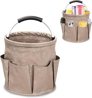 17L Portable Cleaning Bucket Organiser, 6 Pockets Foldable Cleaning Caddy with Handle Wearable Cleaning Caddy Bag for Outdoor Camping Garden Harvest Basket Home Bathroom Storage (Khaki)