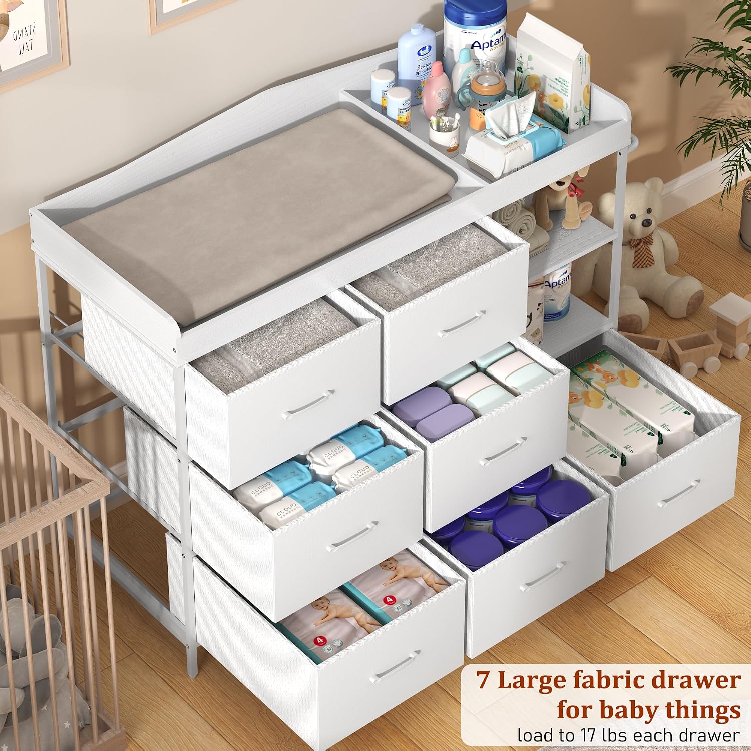 St.Mandyu Baby Changing Table with 7 Fabric Drawers and 2 Shelves, Changing Table Dresser with Side Towel Holder, Baby Classic Nursery Dresser, Diaper Changing Station with Storage for New Parents
