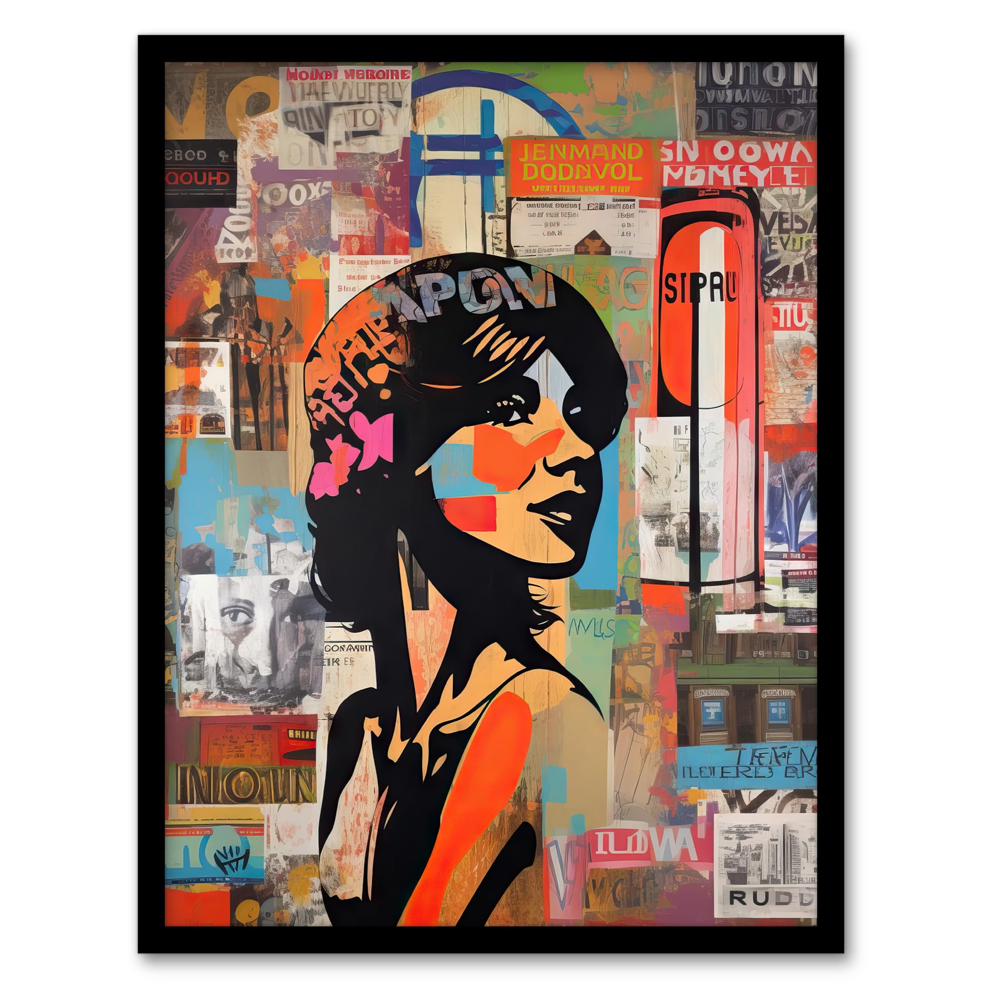Artery8 Stencil On City Poster Wall Young Woman Portrait Over Flyposter Adverts Vibrant Colourful Bold Pop Art Modern Painting Artwork Framed Wall Art Print A4