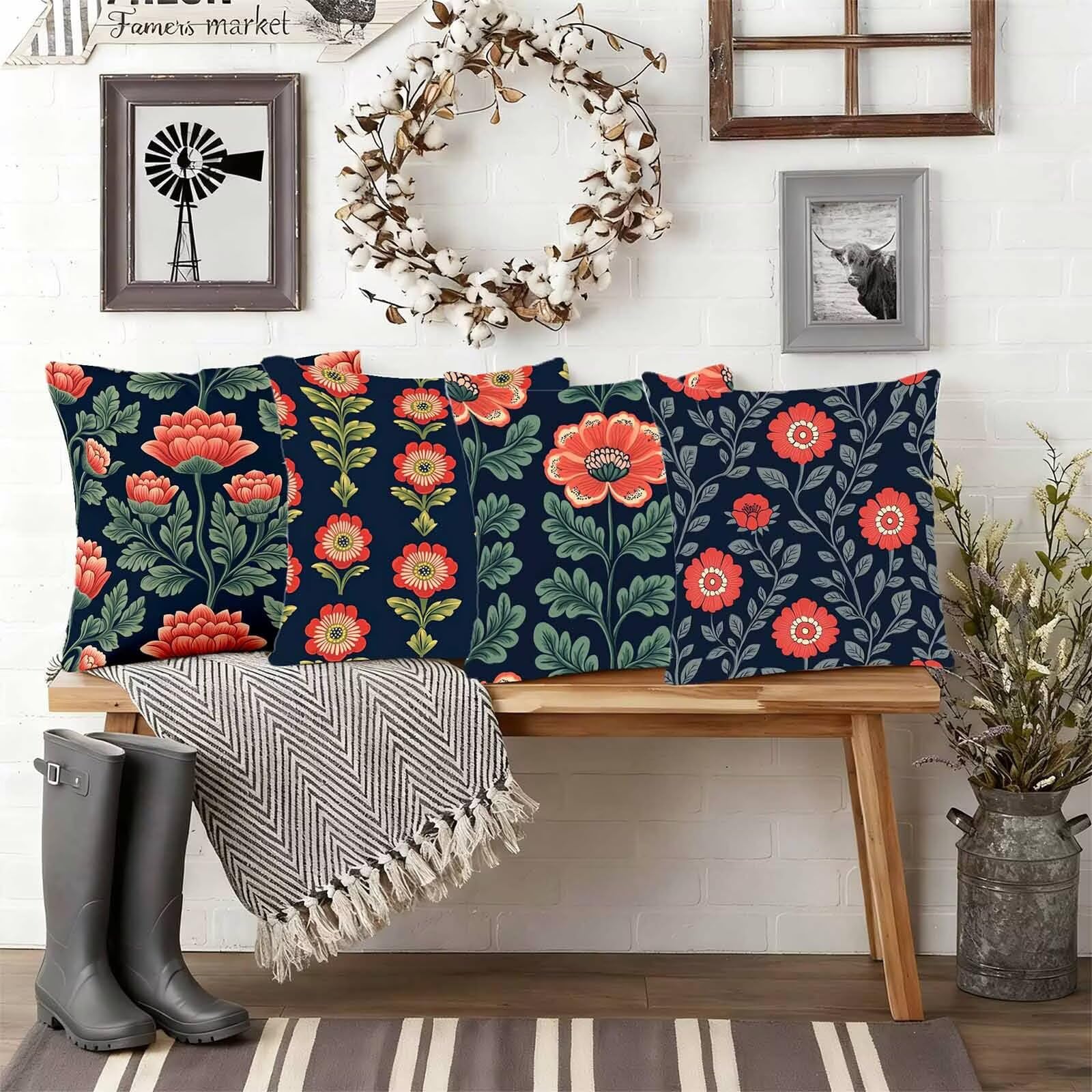 Czerwona poszewka na poduszkę 60 x 60 cm, zestaw 4 sztuk, wodoszczelna, lniana poszewka na poduszkę, wiejska, na sofę, kwadratowa poduszka dekoracyjna do pokoju, dekoracja salonu, z ukrytym zamkiem