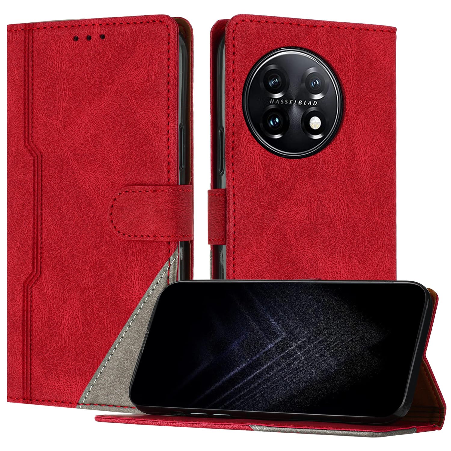 Case for OnePlus 11 5G, Flip Premium PU Leather Cover with [Kickstand][Card Holder][Shockproof TPU] Compatible with OnePlus 11 5G - Red