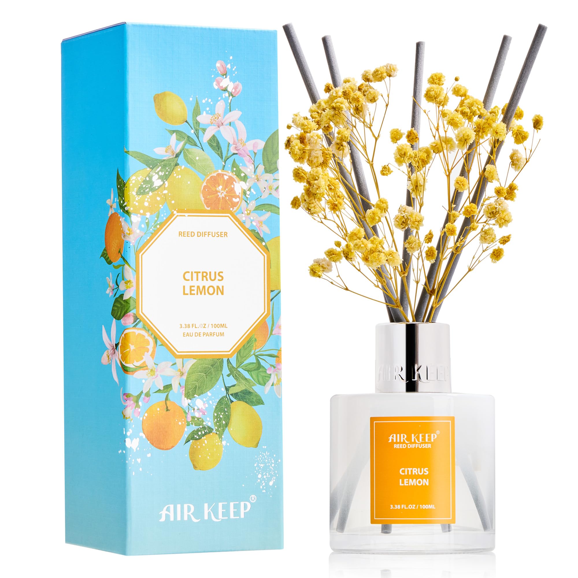 Airkeep Reed Diffuser Set,3.38 fl oz (100 ml) - Citrus Lemon Oil Diffusers with 8 Reed Sticks, Home Fragrance Reed Diffuser for Bathroom Shelf Decor