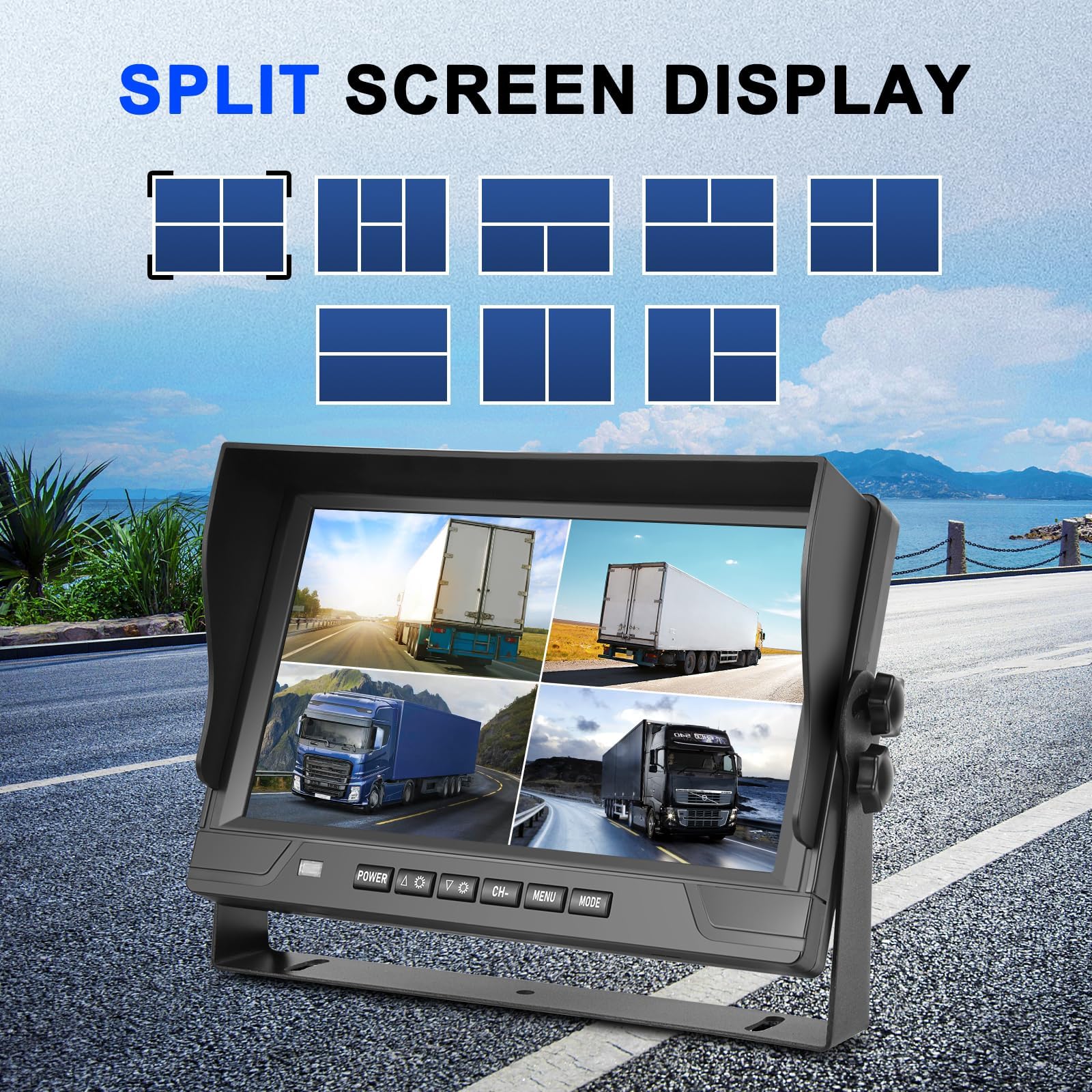 Telecamera Retromarcia per Auto 1080P con Monitor 4 Divisi da 9 Pollici, supporto 4 Telecamere DVR/IP68/Visione Notturna per Camion, Camper, Rimorchio, con Cavi da 2x10 M E 2x20 M
