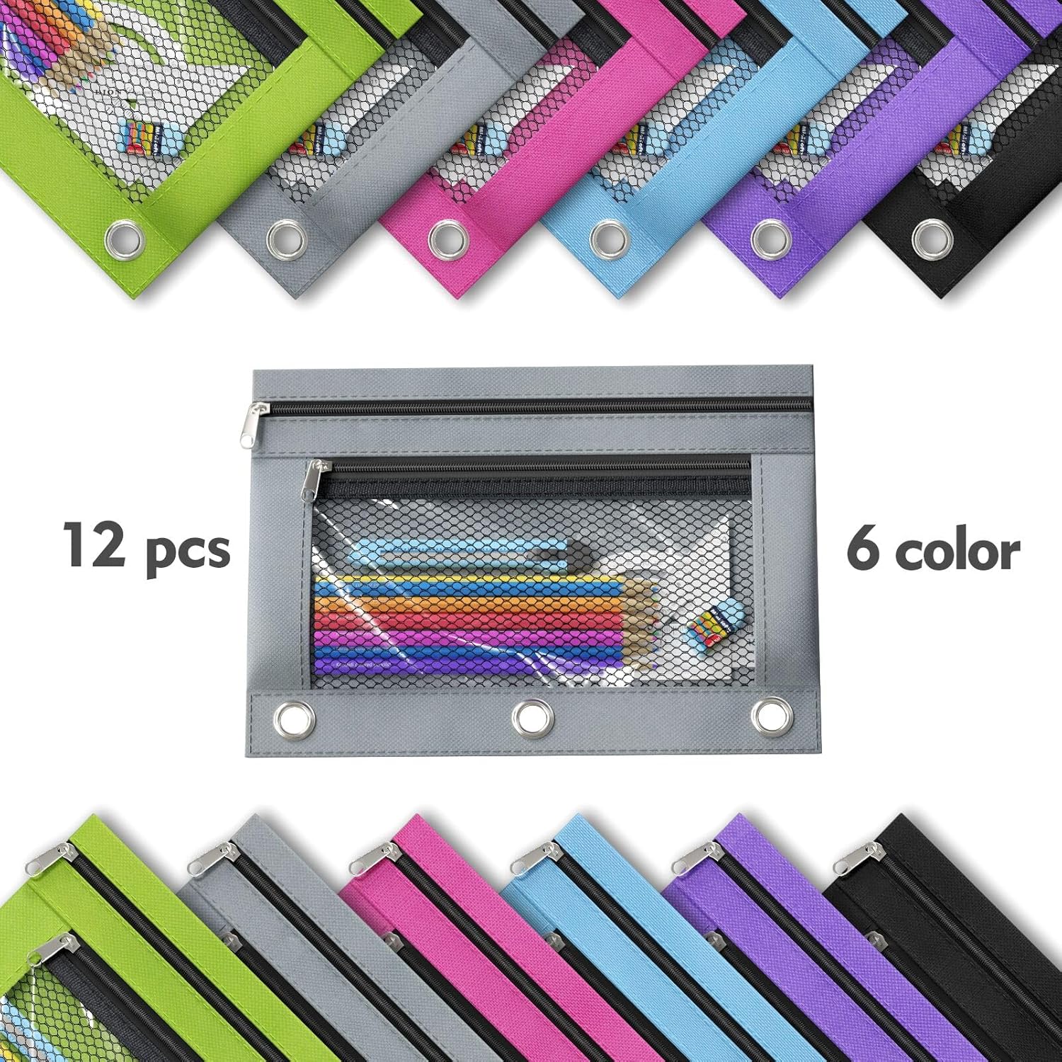 DoDoMagxanadu Binder Pencil Pouches, Pencil Pouch for 3 Ring Binder, Double Pocket Clear Window Pencil Case for Binder, Zippered Pencil Pouches with Rivet Enforced 3 Ring, 12 Pack - Image 4