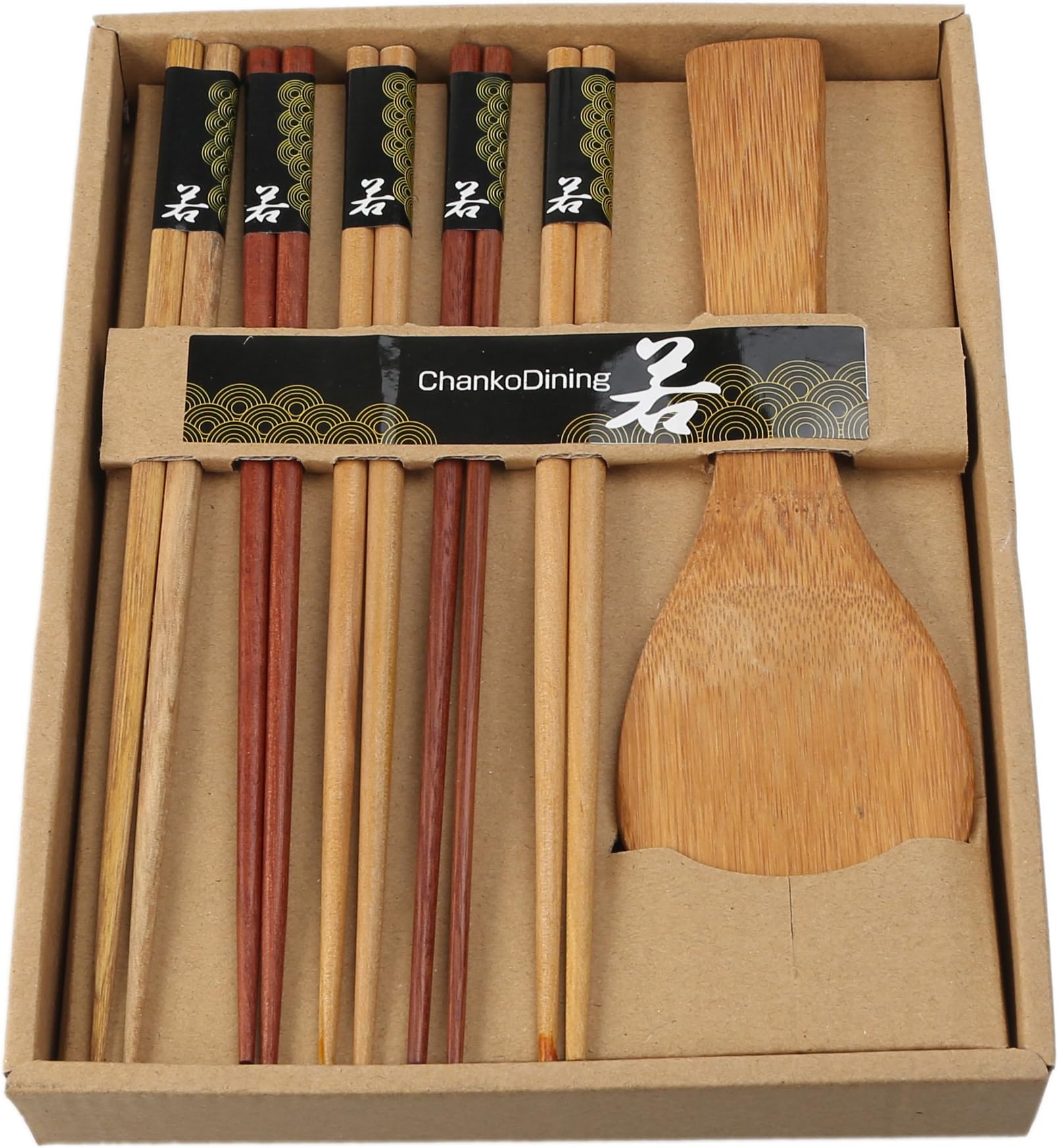 Amagg 5 Pairs Japanese Wooden Chopsticks and 1 Bamboo Rice Paddle Gift Set ( Natural )