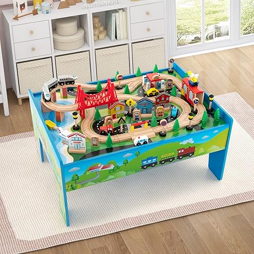 Miniatura 9 de Costzon Mesa de tren, 80 piezas, mesa de actividades de madera para niños con mesa reversible y desmontable, pistas de madera maciza, tren,