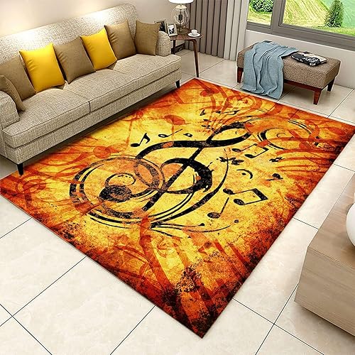 Alfombra vintage de notas musicales de 5 x 7 pies, decoración de música retro, fácil de limpiar, decoración musical de pelo bajo, alfombra