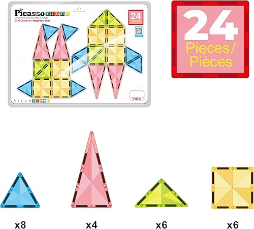 Miniatura 3 de PicassoTiles Mini Diamond PTM24 - Azulejos magnéticos de construcción, 24bloques, juguete portátil y compacto, educación de STEM y temprana,