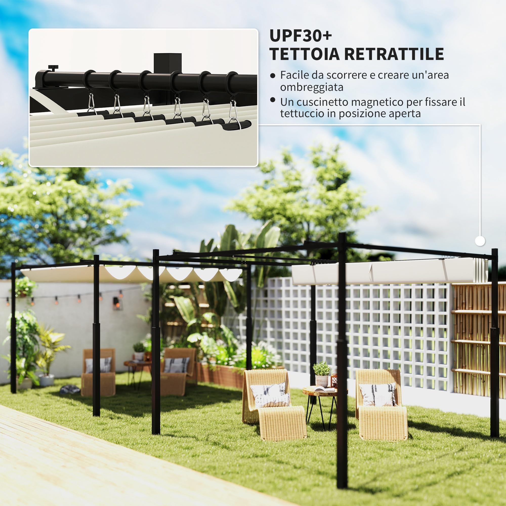 Outsunny Pergola Gazebo 3x3 m Retrattile Impermeabile Telo Bianco Crema Struttura Metallo