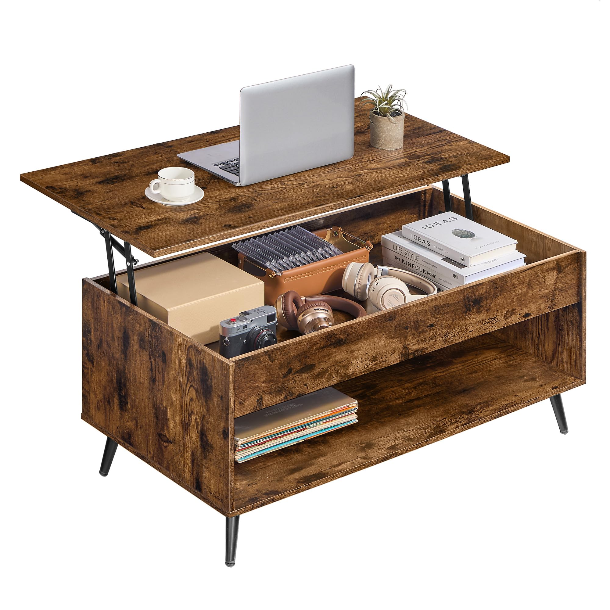 VASAGLE Couchtisch, höhenverstellbarer Wohnzimmertisch, Kaffeetisch, Gaszylinder, verstecktes Fach, offenes Fach, für Wohnzimmer, Homeoffice, vintagebraun-Mattschwarz LCT267KD01