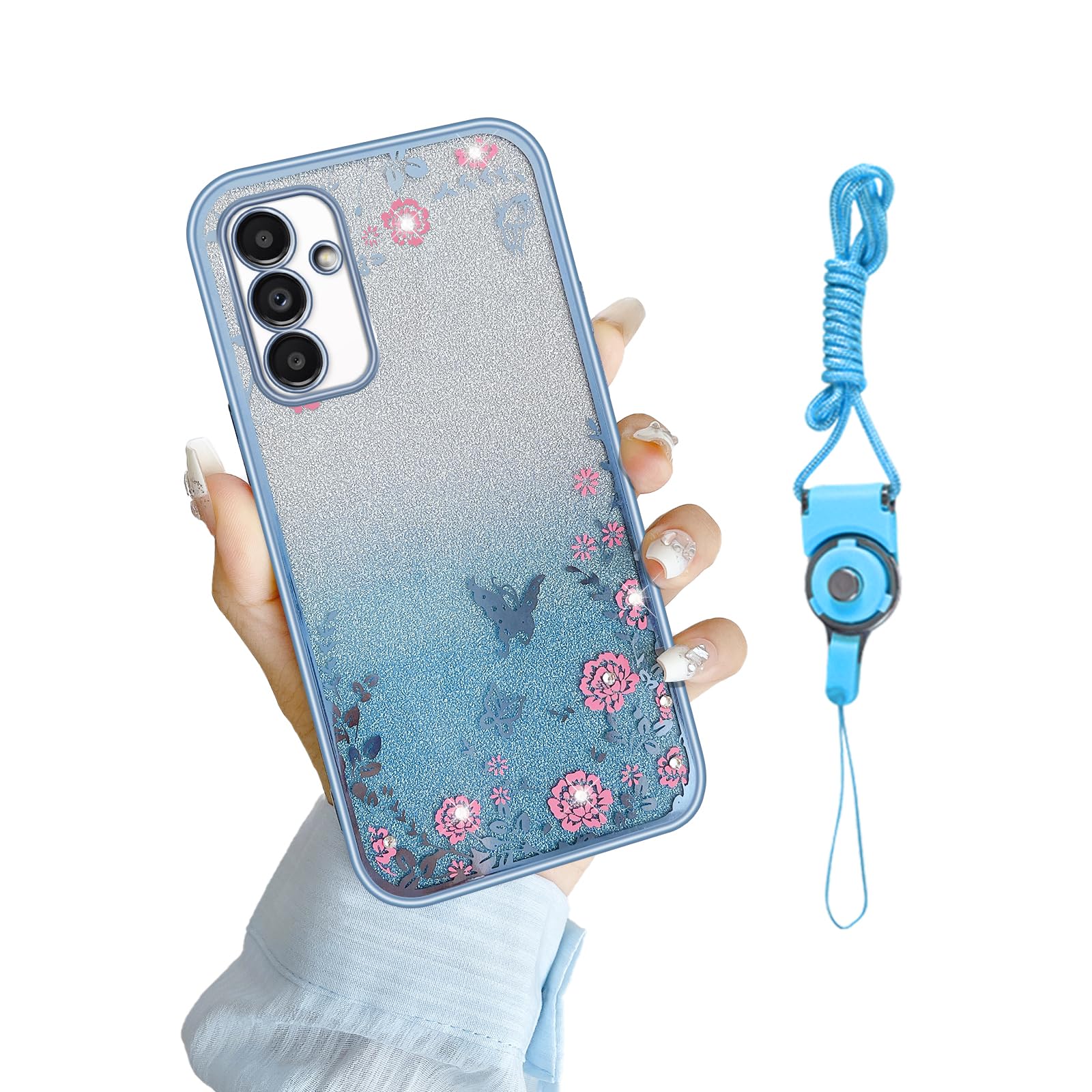 for Samsung Galaxy A13 5G Case, A13 Phone Case for Women Gradual Change Glitter Crystal TPU Stylish Butterfly Floral Heart Clear Protective Cover with Strap for Samsung Galaxy A13 5G Blue