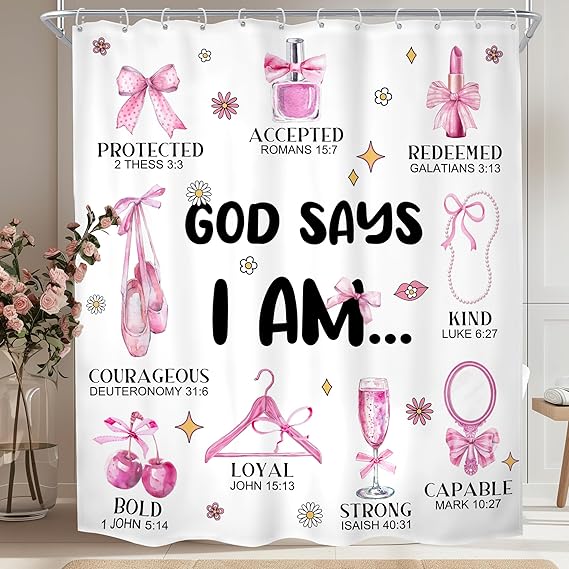 MESHELLY Pink Bow Bible Verse Shower Curtain 60Wx72H