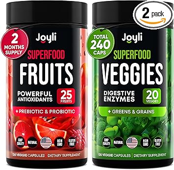 Fruits and Veggies Supplement - High Fiber Supplement for Immunity, Gut & Energy - Super Reds & Super Greens Supplements with Marshmallow Root - 240 Reds and Super Greens Powder Superfood Capsules