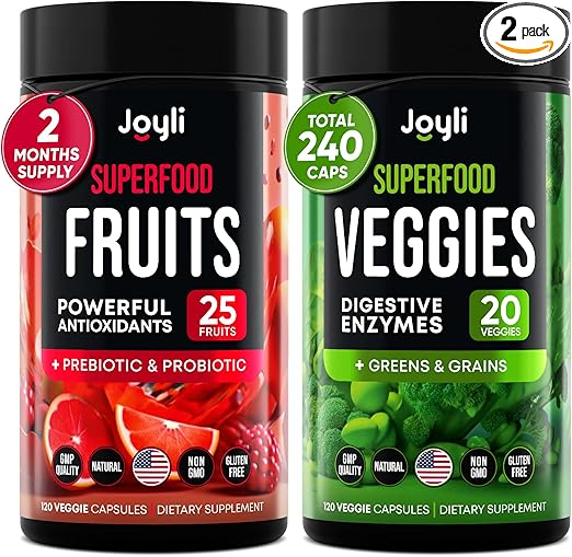 Fruits and Veggies Supplement - High Fiber Supplement for Immunity, Gut & Energy - Super Reds & Super Greens Supplements with Marshmallow Root - 240 Reds and Super Greens Powder Superfood Capsules