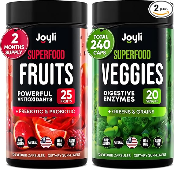 Fruits and Veggies Supplement - High Fiber Supplement for Immunity, Gut & Energy - Super Reds & Super Greens Supplements with Marshmallow Root - 240 Reds and Super Greens Powder Superfood Capsules
