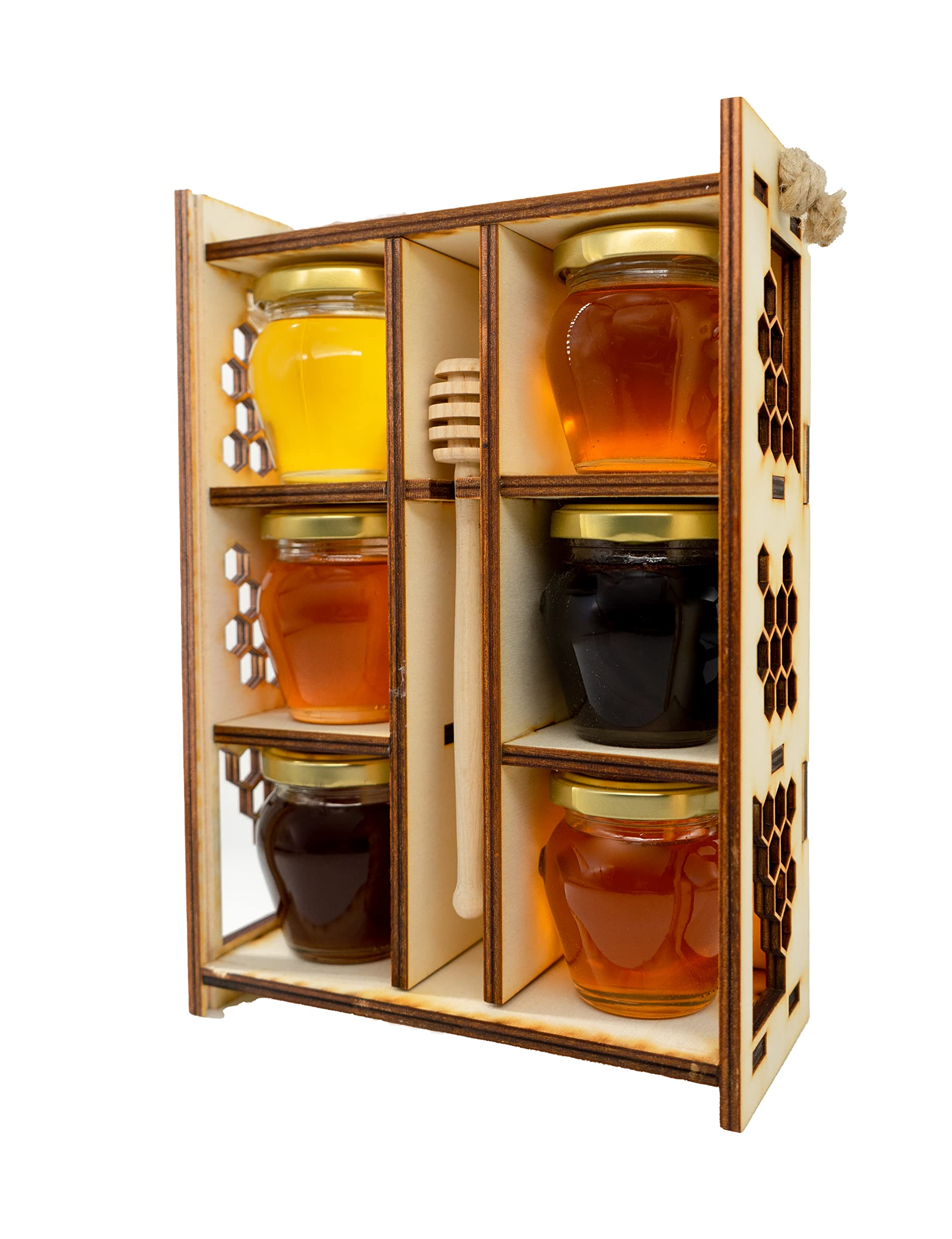FOODOKO FINEST Honig Geschenkset Feinkost Probierset bestehend aus Blütenhonig, Waldhonig, Apfelhonig, Himbeerhonig, Akazienhonig und Lindenhonig mit Honiglöffel im Holzgestell 660g