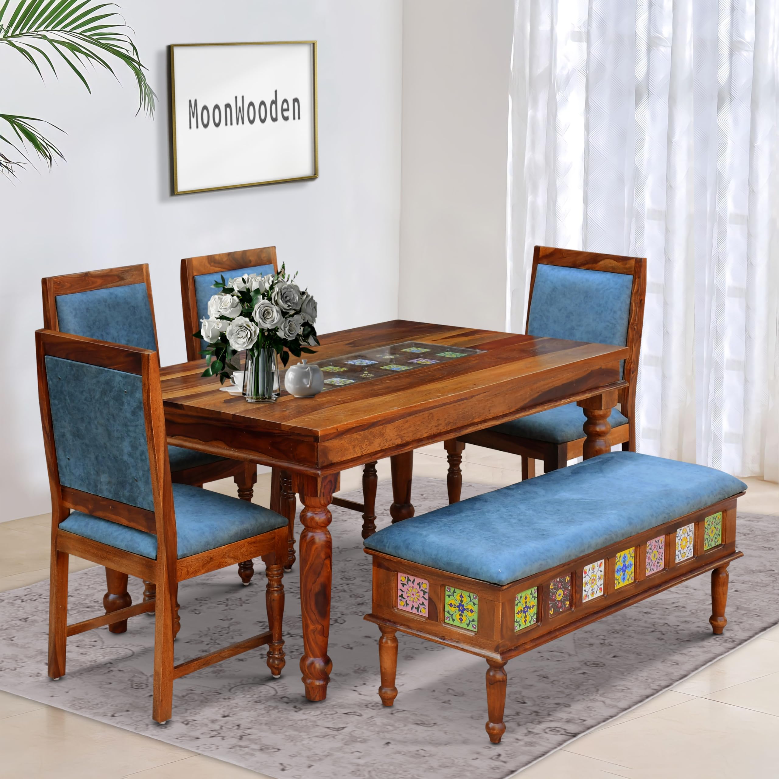 MoonWooden Sheesham Wood 6 Seater Dining Table with Cushioned 4 Chairs and 1 Bench for Home Dining Room Living Room Kitchen Hotel Solid Wooden Six Seater Dining Set (Honey Finish)-image-44