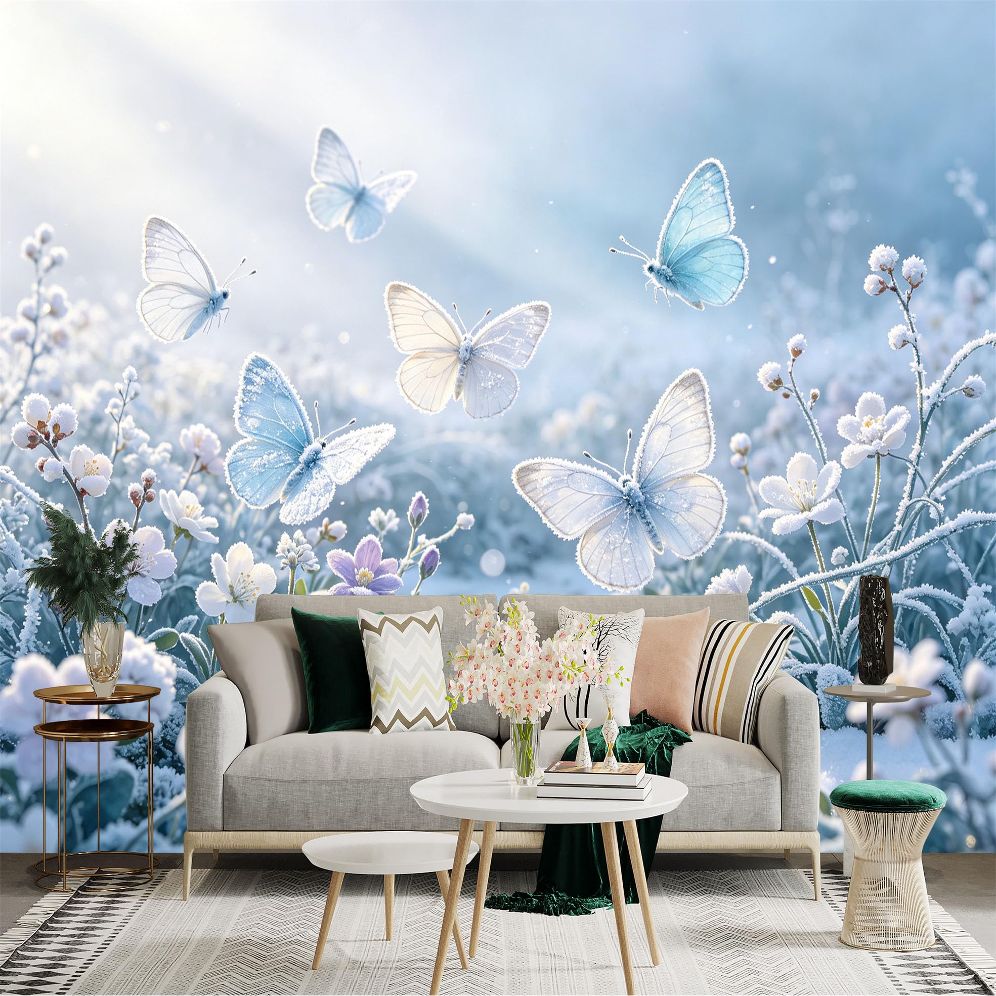 Lnzczhyre Bh260719687 Custom Size Wall Sticker Mural， Blue And White Butterflies， Frozen Flowers， Winter Frosty Meadow， For Wall Decoration， Peelandstick Wall Decals.