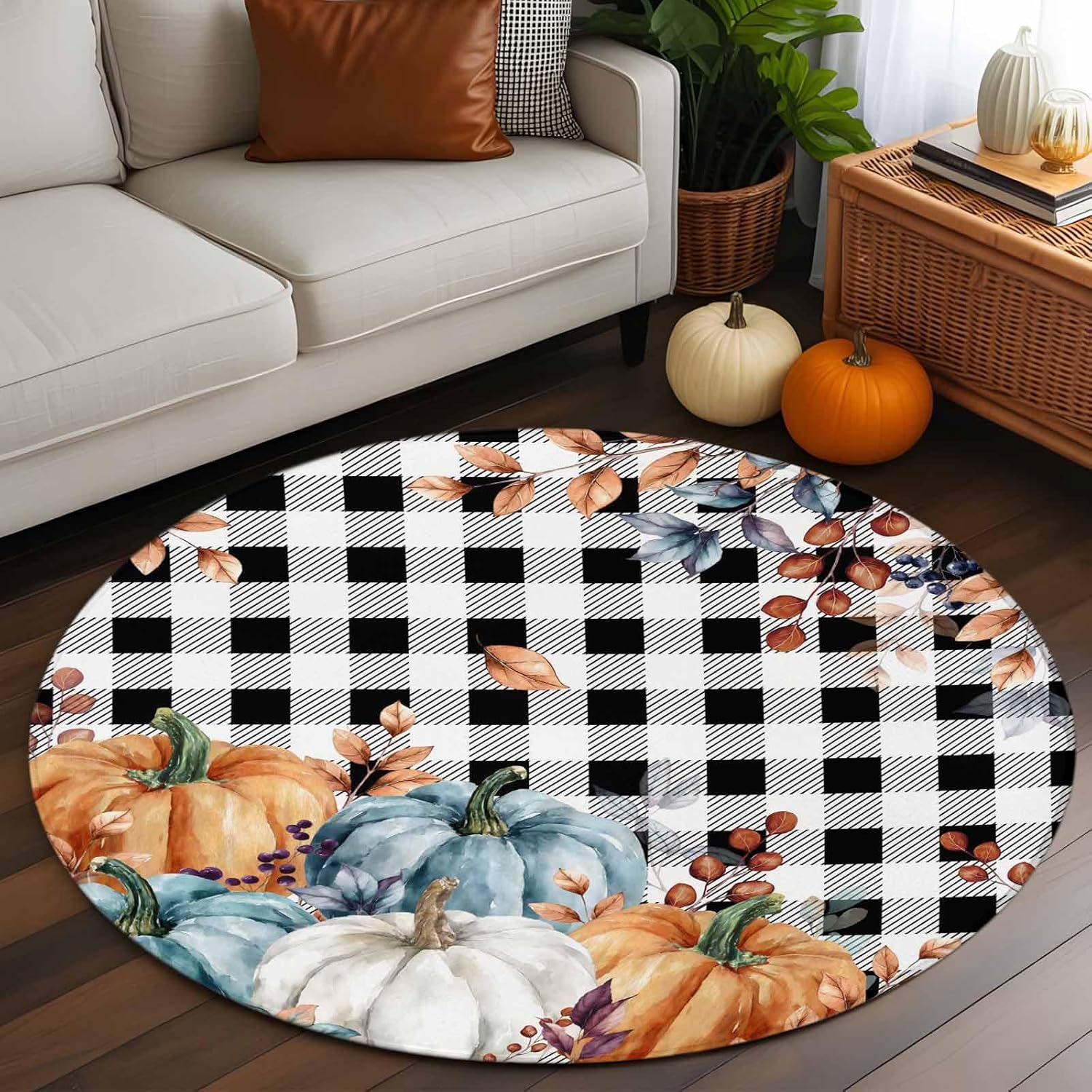 DecorLovee Small Round Rug 3Ft Washable Non-Slip, Orange Blue Grey Pumpkins Fall Circle Area Rugs for Living Room Bedroom, Thanksgiving Botanical Plaid Indoor Floor Mats Carpet Runner for Home Decor