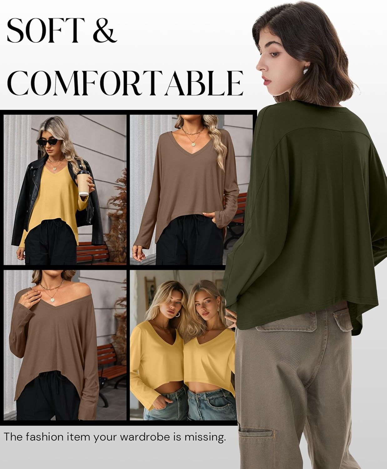 Huukeay 3 Pack Women's Long Sleeve Cropped Shirts V Neck Irregular Hem Oversized Tops Loose Casual Outfit Tees Fall Clothes - Image 4