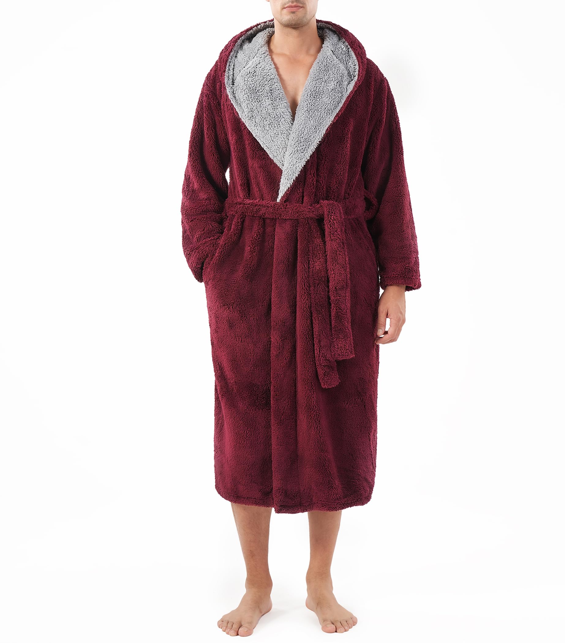 DAVID ARCHY Men's Soft Fleece Plush Robe Full Length Long Bathrobe, A5, Red- Shu Velveteen, Large