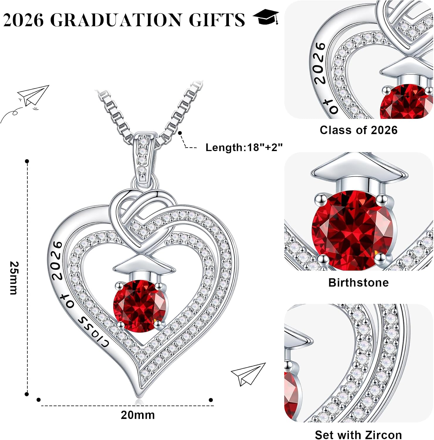 Graduation Gifts for Women 2026-925 Sterling Silver Birthstone Necklace Engraved Class of 2026 Pendant Necklaces College Graduation Cap Jewelry for Women