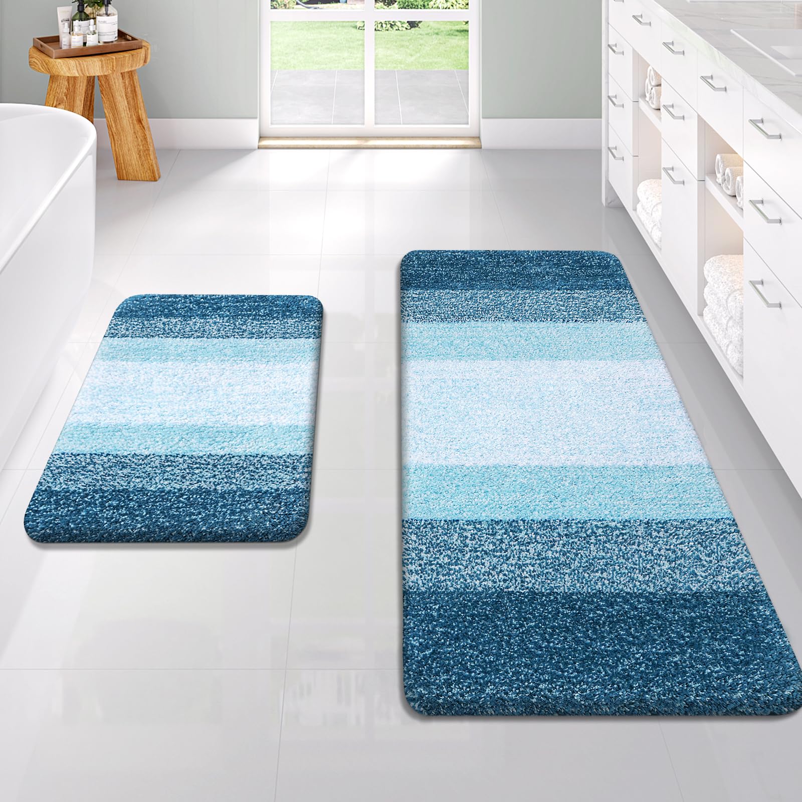 OLANLY Bathroom Rug Set 2 Piece, Soft Absorbent Microfiber Bath Rug Set, Non-Slip, Machine Wash Dry, Plush Shaggy Bath Mats for Bathroom (47"x20"+24"x16", Peacock Blue) — image 1
