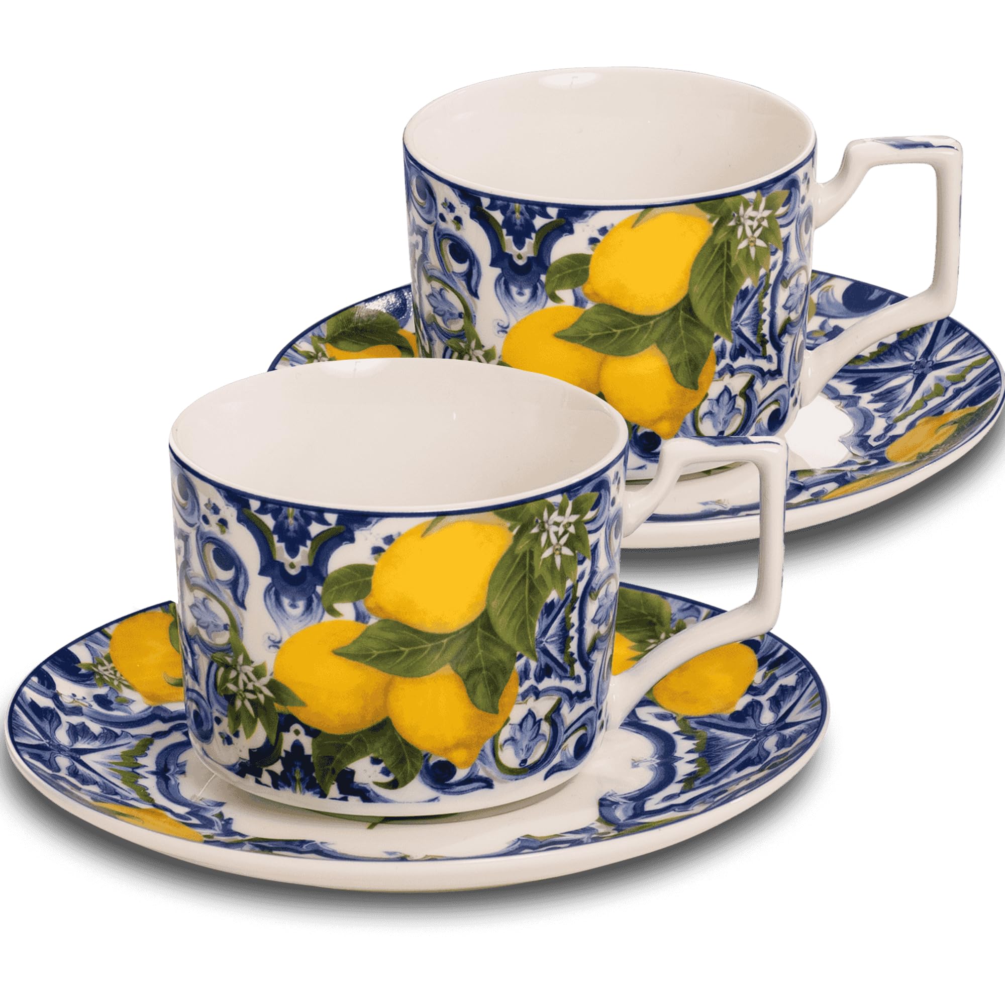 DIVINA Italian Design SF181 Cappuccino-Tassen mit Untertassen, blaue Keramik, 220 ml, 2 Stück