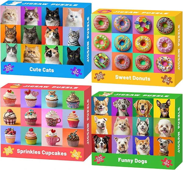 4 Packs 100 Piece Puzzles for Kids Ages 4-6 6-8 8-10, Dogs Cats Cupcakes Donuts Educational Jigsaw Puzzles, Kids Puzzles 4-6 Gifts for Girls Boys