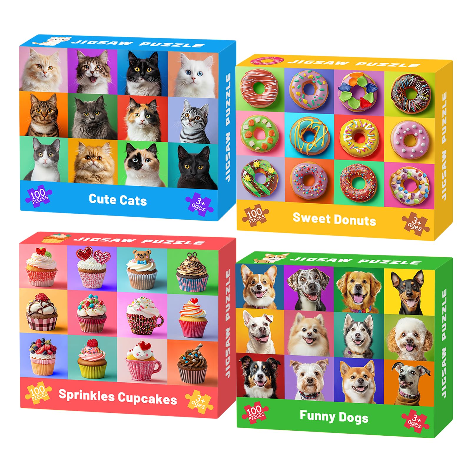 4 Packs 100 Piece Puzzles for Kids Ages 4-6 6-8 8-10, Dogs Cats Cupcakes Donuts Educational Jigsaw Puzzles, Kids Puzzles 4-6 Gifts for Girls Boys