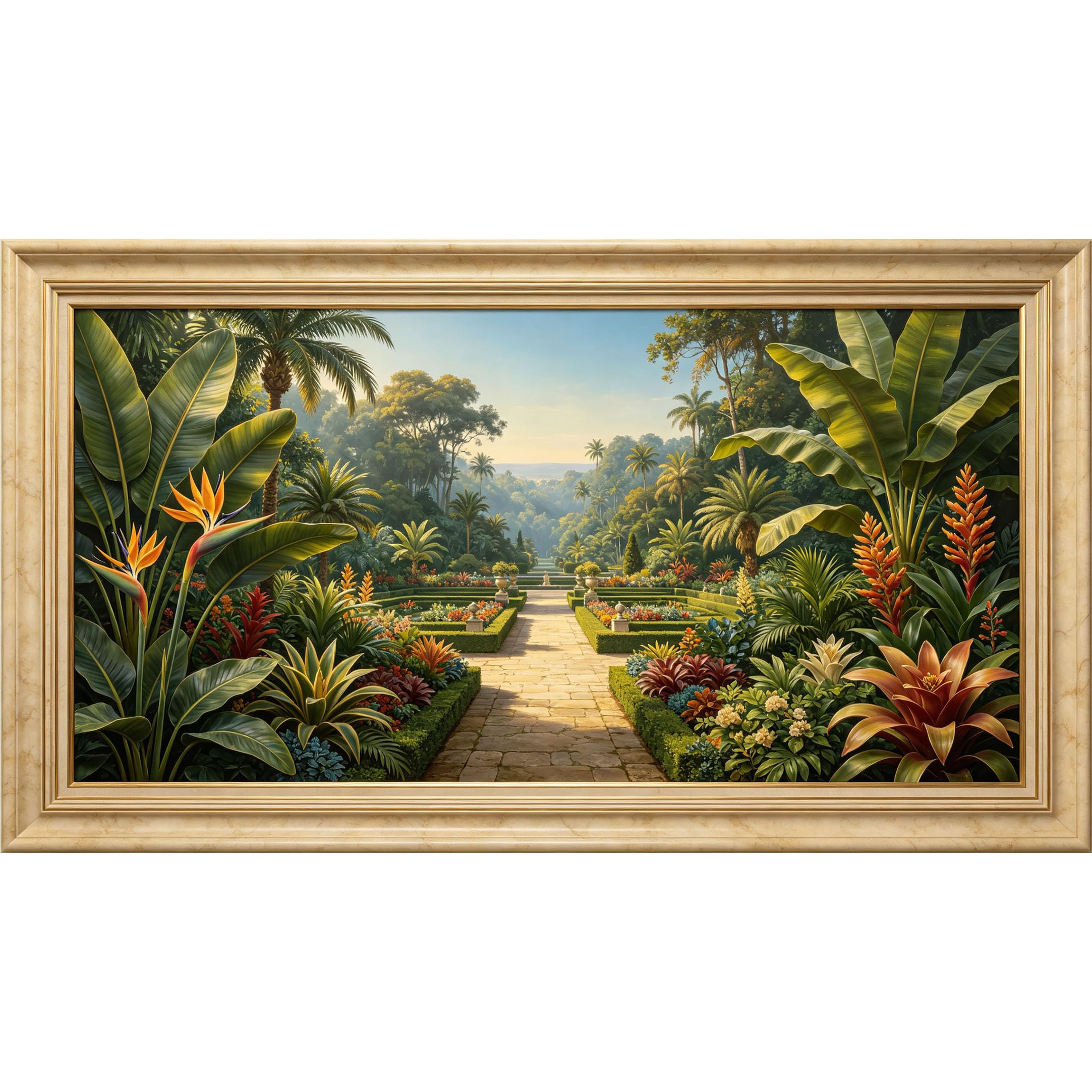 QZLITHOTIC 50x90cm3D Framed Wall Art， Tropical Garden Landscape Botanical Pathway Self‑Adhesive Mural， Water‑Activated Peel & Stick Fabric Decor Wall Decal for Bedroom Living Room