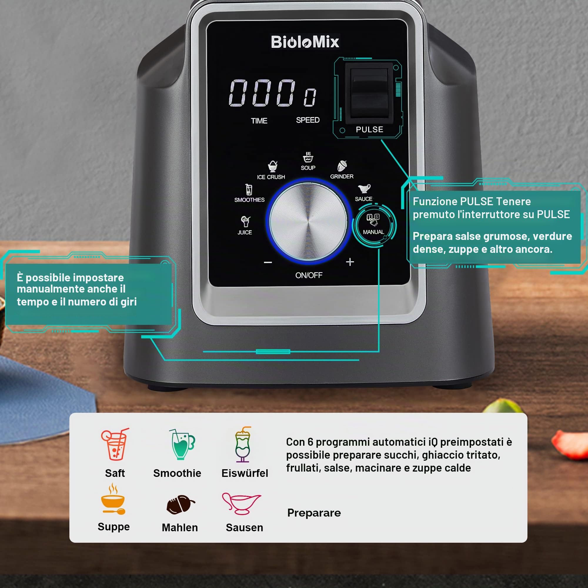 BioloMix Frullatore ad alte prestazioni 2200 W, funzione autopulente, timer integrato, frullatore con contenitore da 2 l, senza BPA…