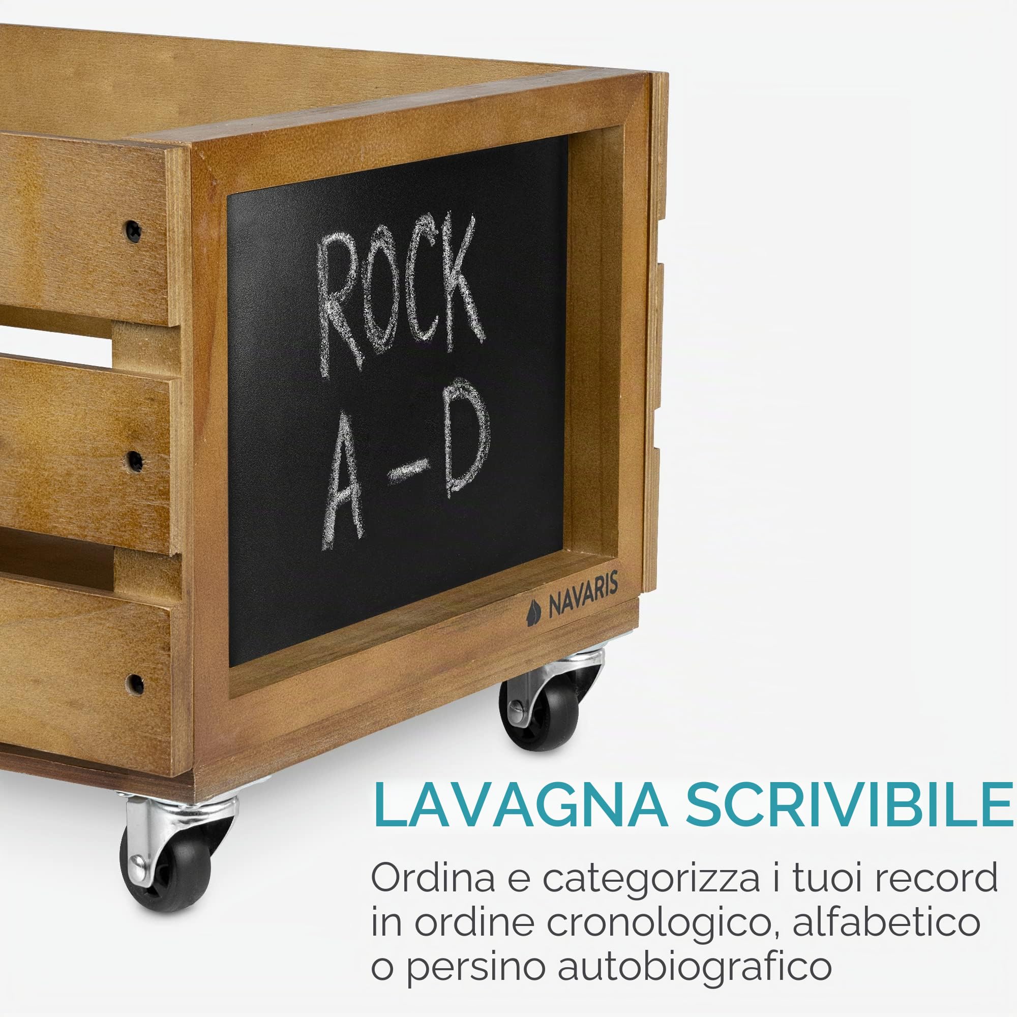 Navaris Cassetta Dischi Vinile in Legno - Cassa Porta Vinili 50-80 Dischi LP - Record Box 42,9x34,4x28cm con Ruote - Cassettina con Lavagna - Marrone