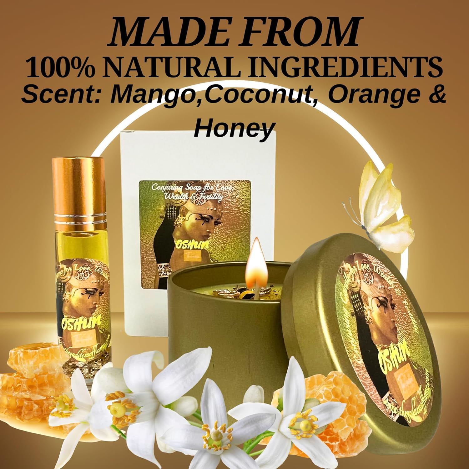 Oshun Conjuring Spell Kit for Love, Wealth, Fertility and Marriage| Spell Candle, Roll-On Perfume, Spiritual Soap| Witchcraft supplies | Santeria, Wiccan, Pagan, Hoodoo (Gift Kit)