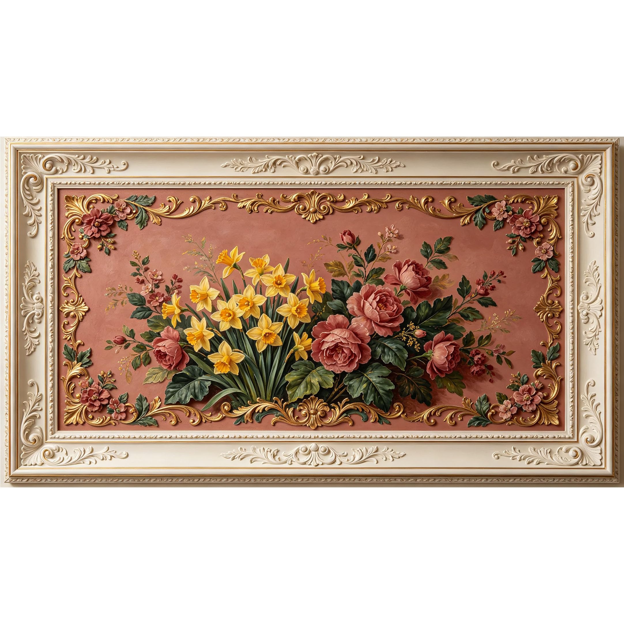 QZLITHOTIC 50x90cm3D Framed Wall Art， Vintage Botanical Floral Bouquet with Peonies and Daffodils Self‑Adhesive Mural， Water‑Activated Peel & Stick Fabric Decor Wall Decal for Bedroom Living Room