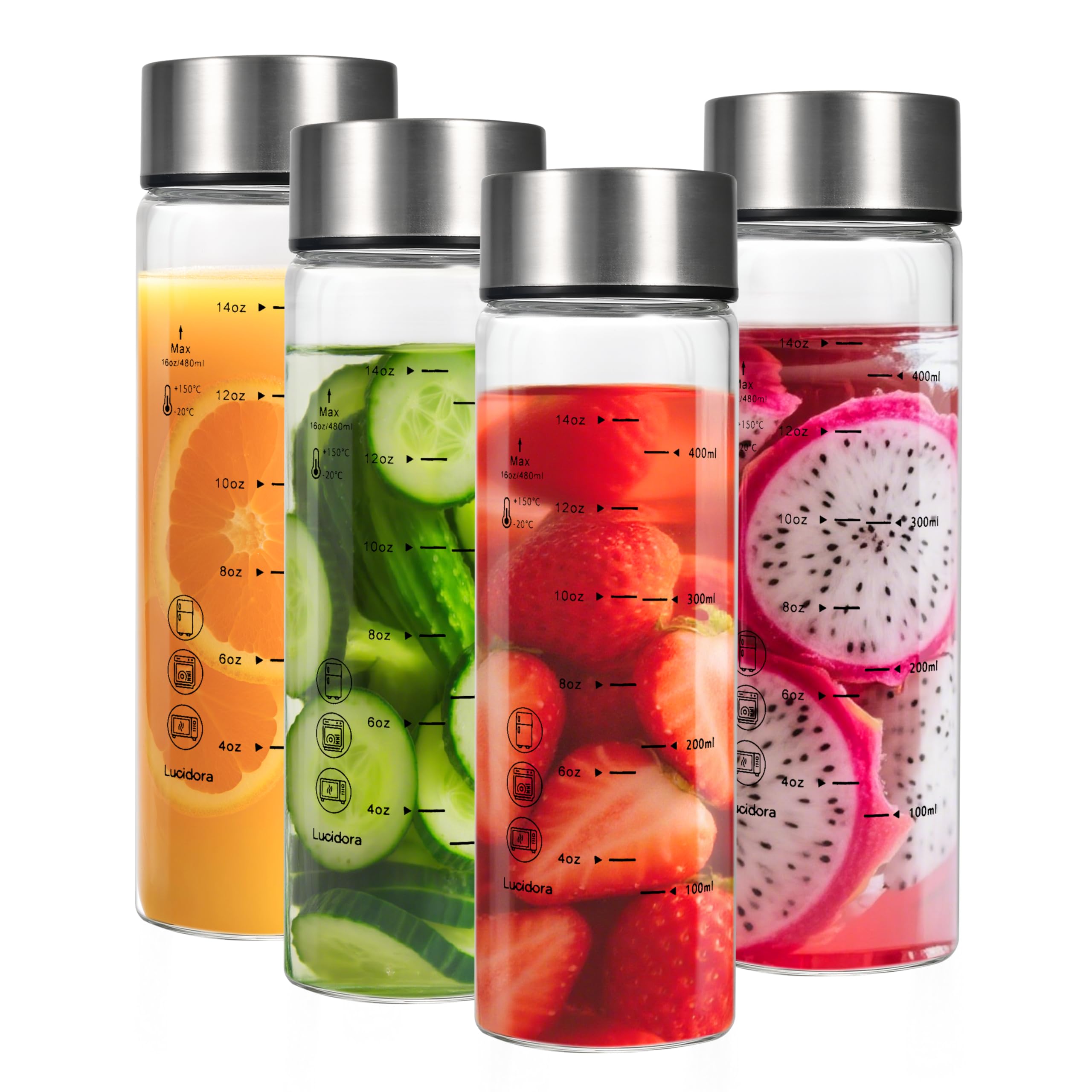 Glas-Saftflaschen mit Deckel, breite Öffnung, Glaswasserflaschen mit Messmarkierungen, wiederverwendbare Borosilikatflasche zum Entsaften von Smoothies, Getränken, auslaufsichere