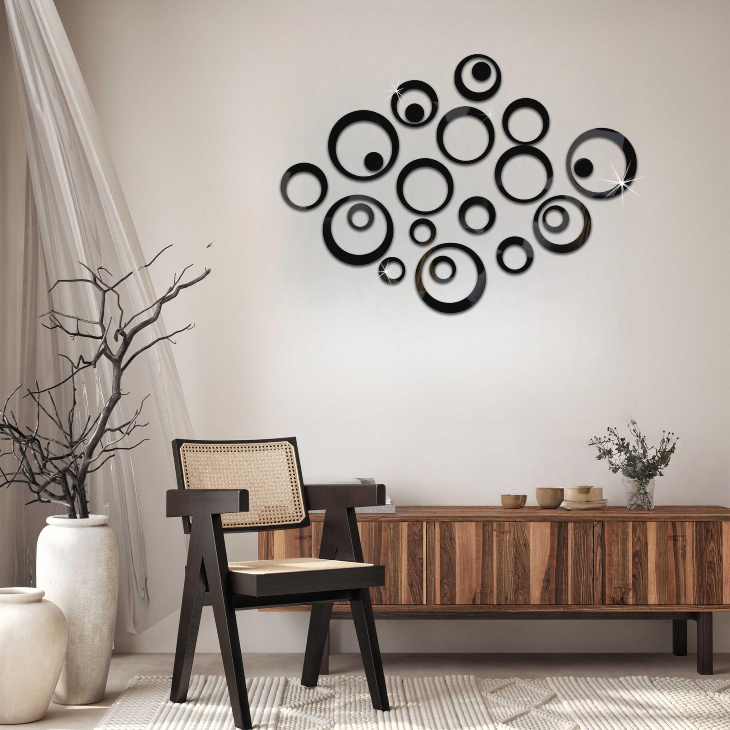 24 Pezzi Adesivi Murali Cerchio di Cristallo 3D. Acrilico Specchio Adesivi Murali Camera.Adesivo da Parete Rotondo per Camera Soggiorno Decorazione DIY Casa Colore Nero - 5