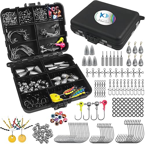 Kit de accesorios de pesca con caja de aparejos, incluidos ganchos para plantillas, pesas de plomo para róbalos, diferentes pivotes giratorios para