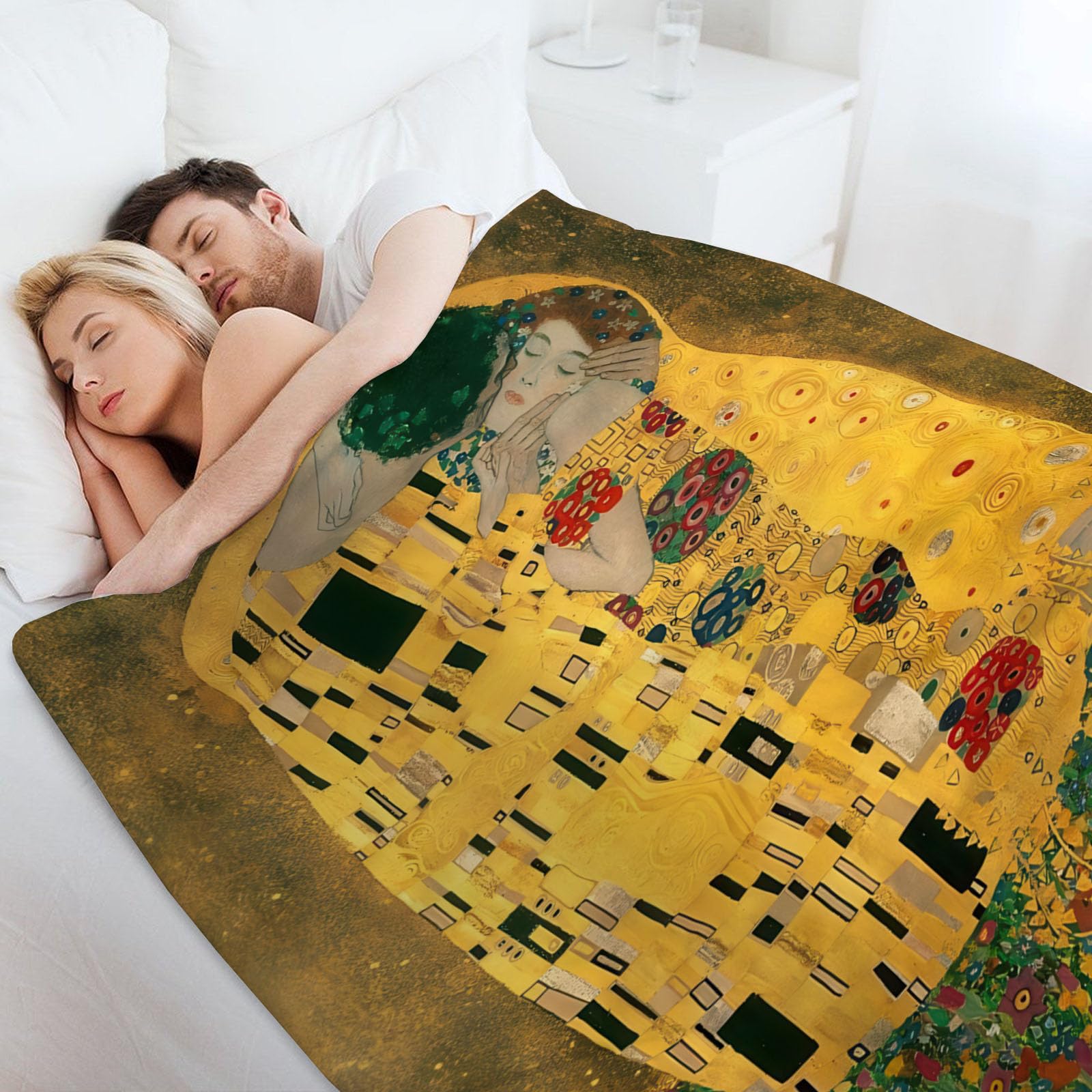 Manta de Franela con Estampado Lujo Flores Beso - Manta Clásico Pintura Al Óleo Forro Polar Suave y Mullida para otoño e Invierno - para Adolescentes y Adultos Sofá Oro Mantas 180x200 cm