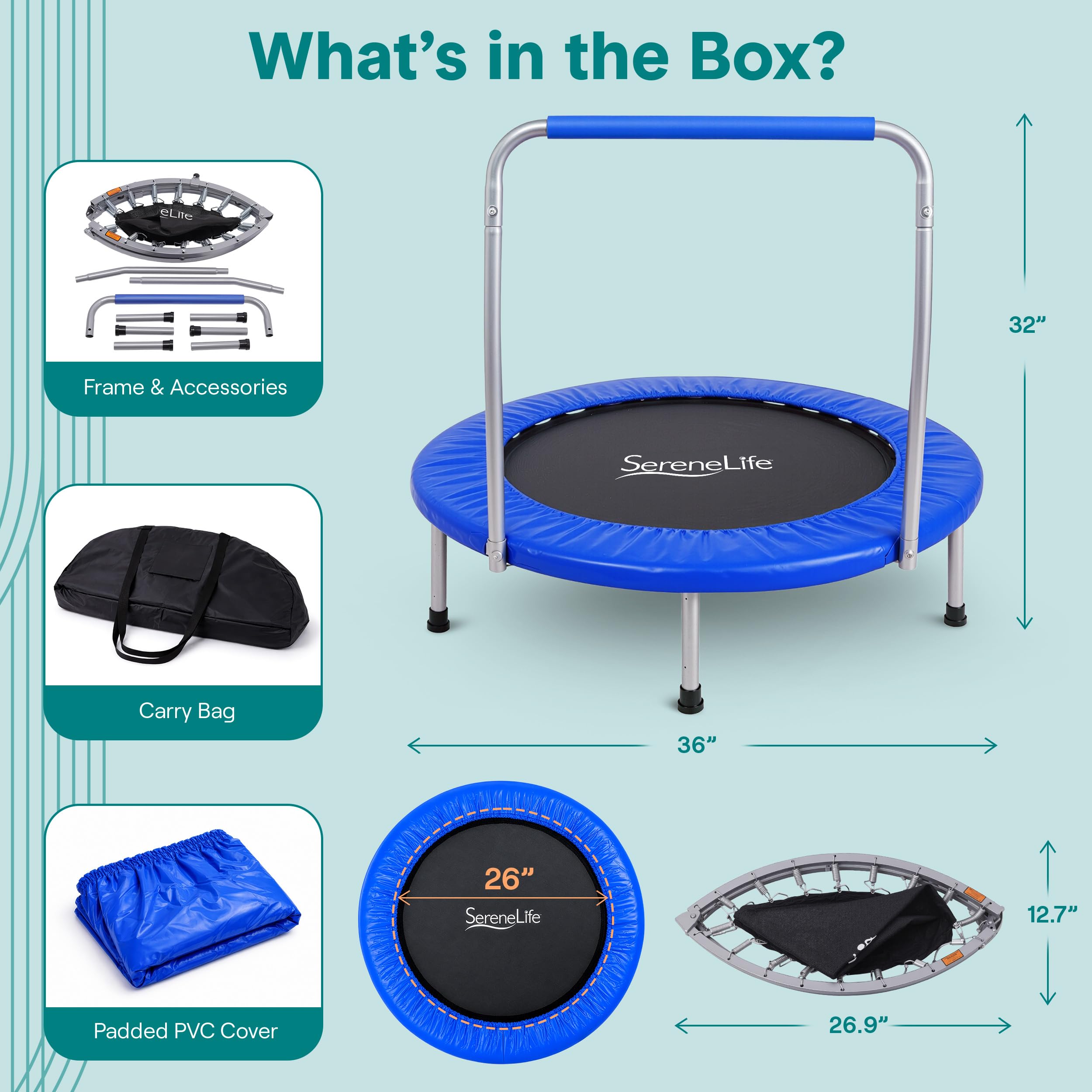 SereneLife Trampoline Pliable 91 cm – Mini Trampoline Fitness avec Rebondisseurs Silencieux, Poignée Mousse, Fitness Enfants/Adultes, Intérieur/Jardin, Charge 68 kg