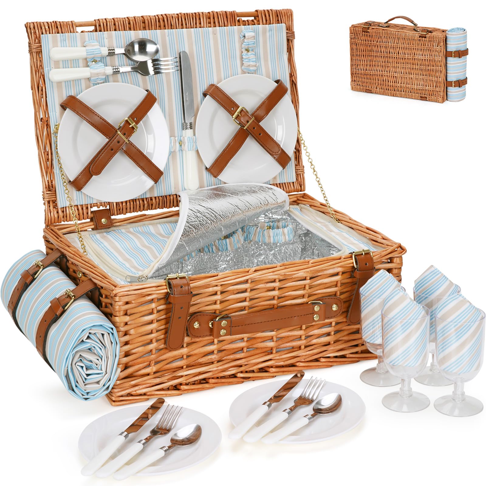 HappyPicnic Wicker Picnic Basket Set for 4 Persons | Large Willow Hamper with Large Insulated Cooler Compartment, Free Waterproof Blanket and Cutlery Service Kit-Classical Brown