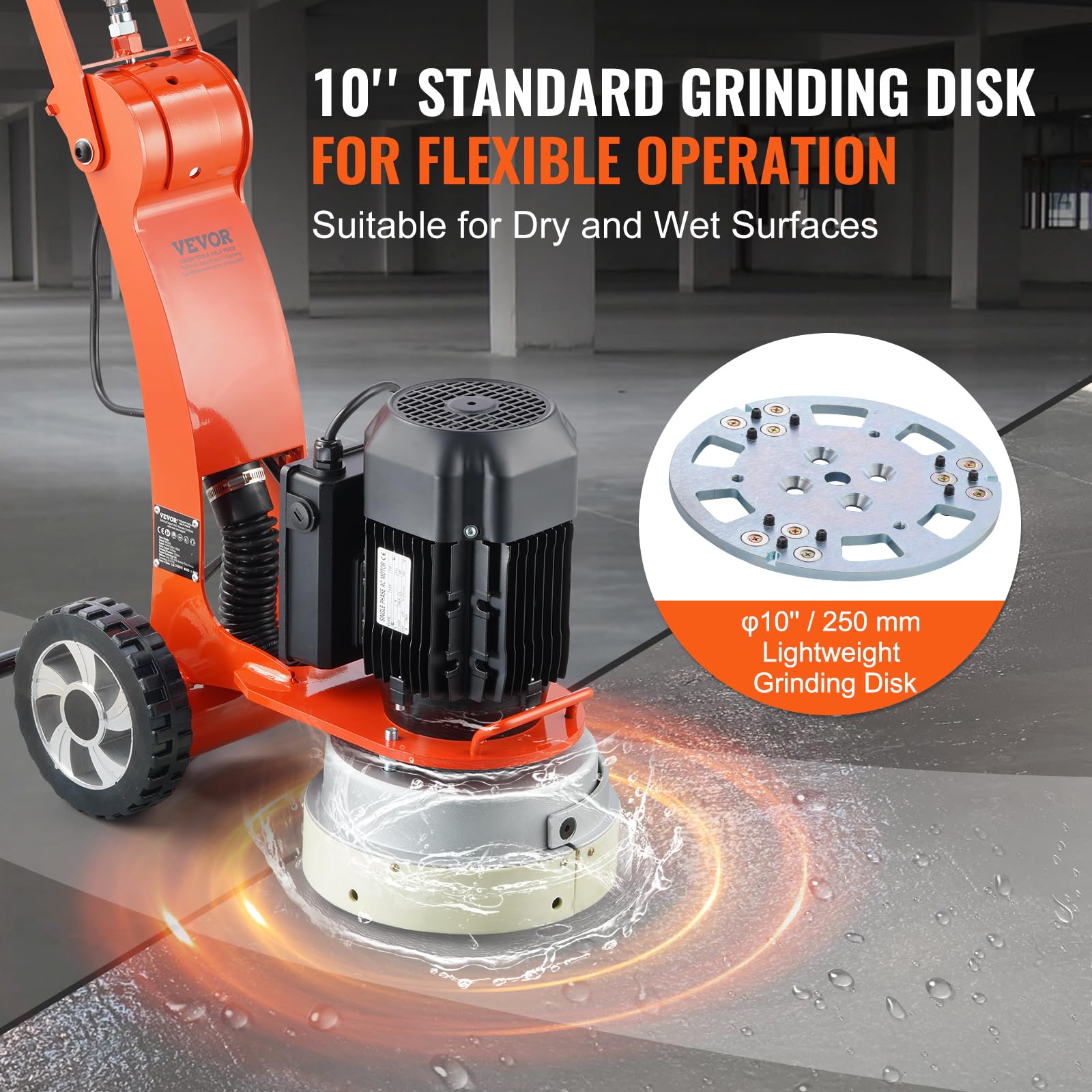 VEVOR Smerigliatrice Elettrica per Pavimenti in Cemento 250 mm Smerigliatrice con guida terra 3.0 HP Lucidatrice per Pavimenti, Smerigliatrice 2200W con Motore Brushless 1430 Giri/min Granito Marmo