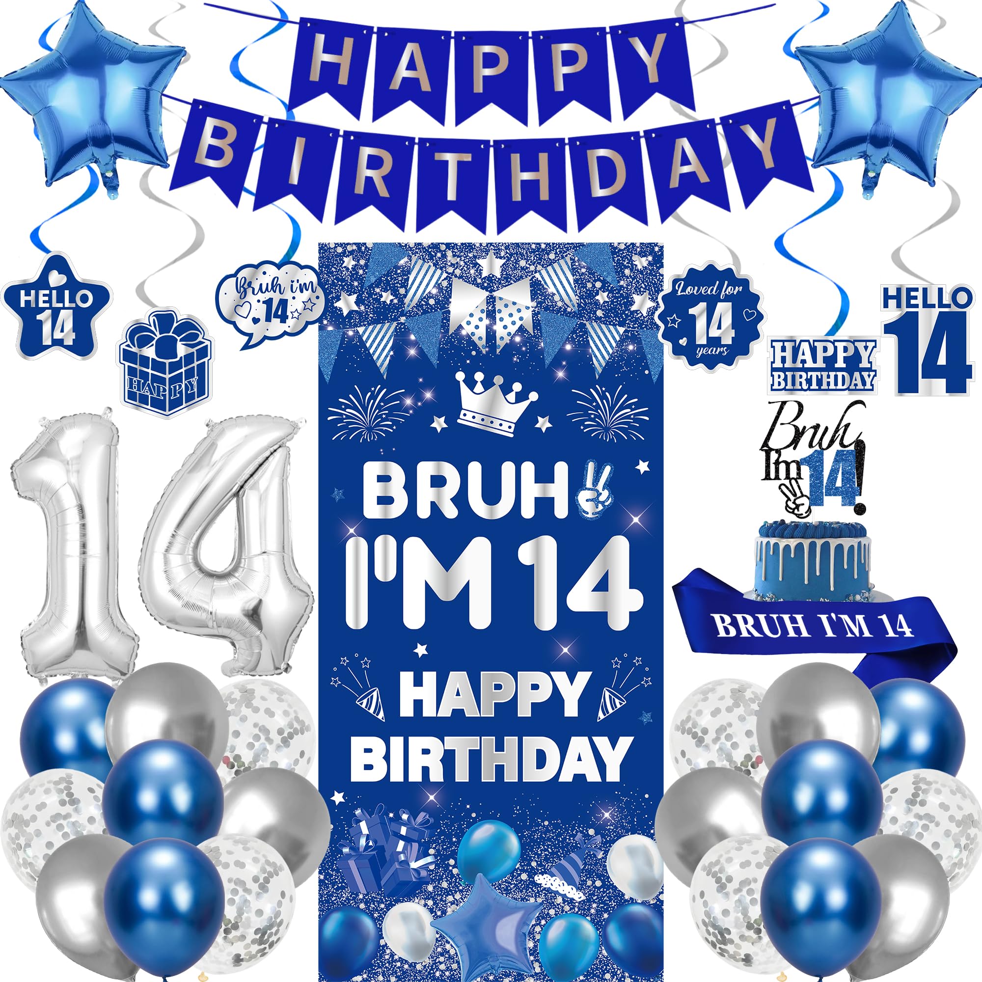 14th Birthday Decorations Balloon Banner - 32 Pcs Blue Silver Bruh I'm 14 Banner Number 14 Foil Balloon Hanging Swirls Cake Topper Sash for Girls Boys 14 Years Old Party Supplies