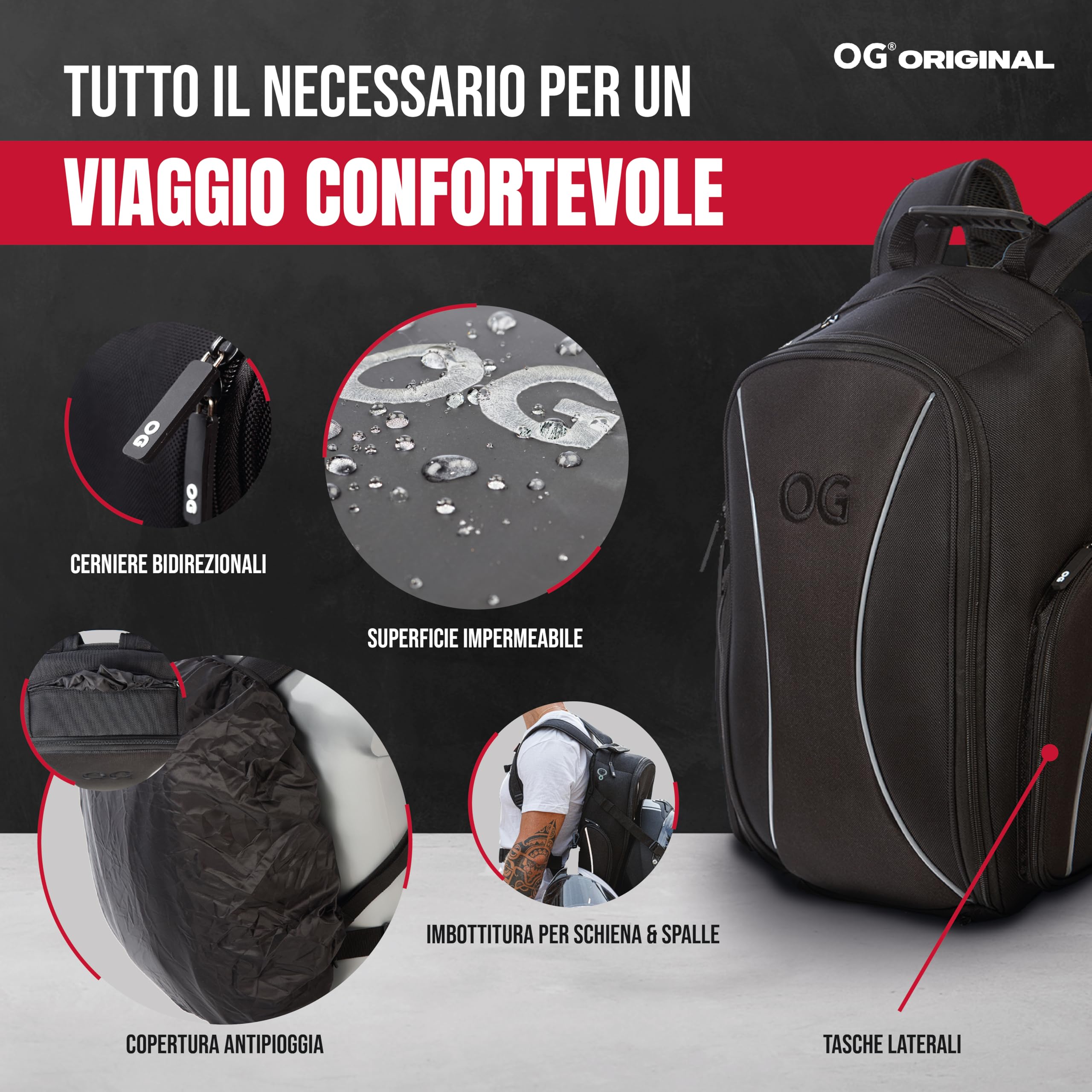 OG Original Zaino Moto GO Nero Impermeabile 20L, Borsa Porta-Casco Moto, Cinghia per Casco, Ciclismo, Uomo, Portatile, Rifrangente, Antifurto, Zaino Compatibile Ryanair