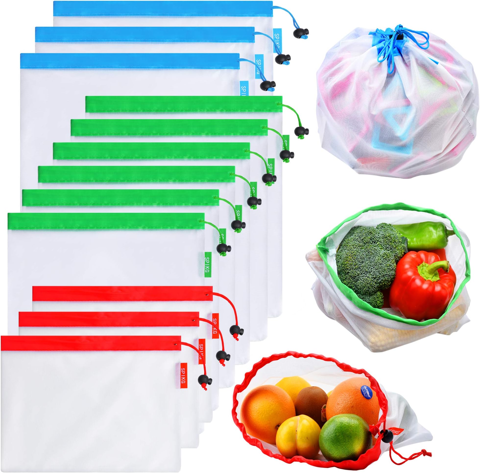 Reusable Mesh Produce Bags Washable Eco Friendly Bags for Grocery Shopping Storage Fruit Vegetable Toys(Set of 12 PCS)
