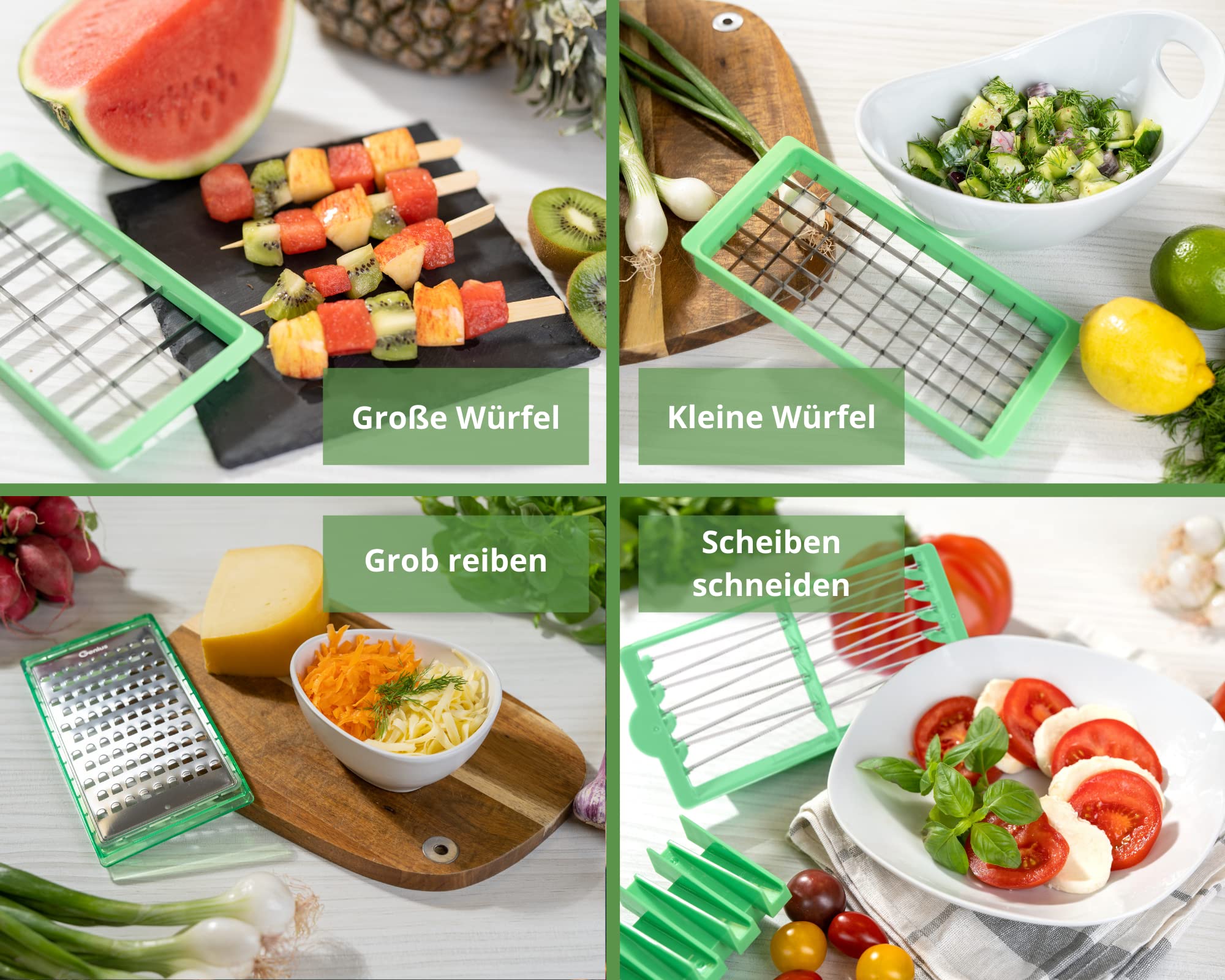 Genius Nicer Dicer Exclusive krajalnica do warzyw, 15-częściowa, krajalnica do pomidorów, zestaw 4 wkładów, tarka gruba i szatkownica + pojemnik na ścinki 2500 ml, zielona