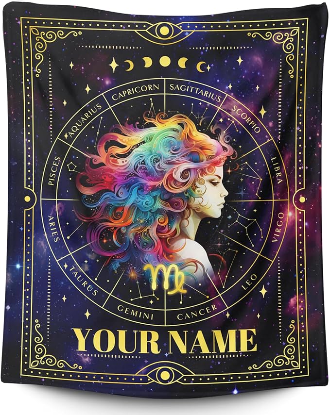Custom with Name Girls Blanket - 50x40 Inches Small Virgo Patterns Gift for Kids, Teens - Soft, Cozy & Warm Zodiac Flannel Blankets for Couch, Sofa - Secret Horoscope Themed Gift Ideas
